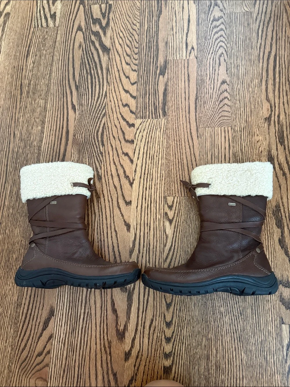 UGG Brown Leather Shearling Cuff Mid-Calf Boots with Rubber Soles